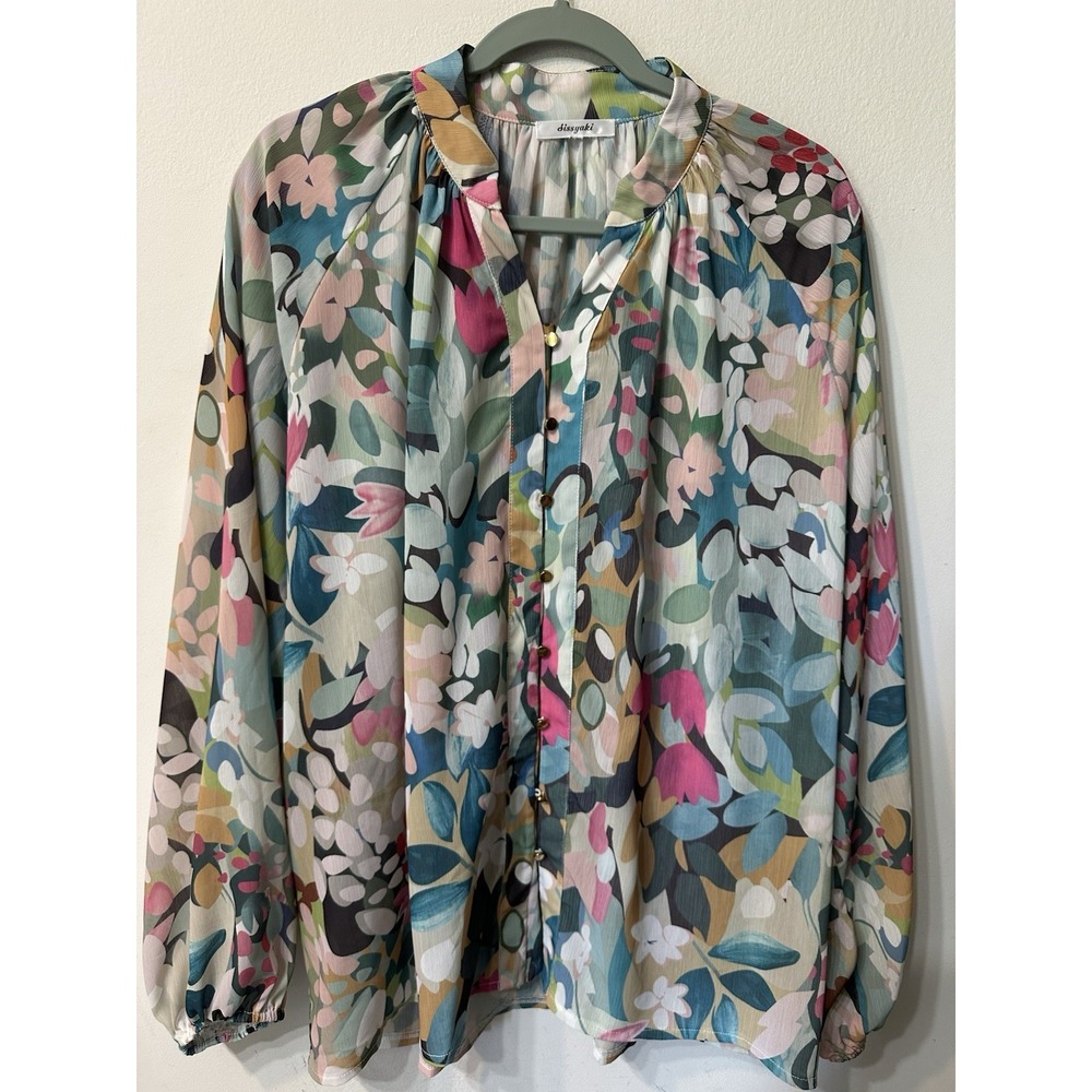 Sissyaki Floral Blouse Womens Size 1X Gold Button V-Neck Boho Chiffon Top